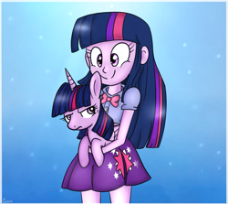 Size: 1123x1000 | Tagged: dead source, safe, artist:flarities, derpibooru import, twilight sparkle, twilight sparkle (alicorn), alicorn, pony, equestria girls, holding a pony, human ponidox, unamused