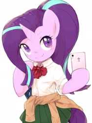 Size: 1536x2048 | Tagged: safe, artist:30clock, starlight glimmer, anthro, semi-anthro, unicorn, arm hooves, cellphone, clothes, cute, female, glimmerbetes, holding, mare, phone, pleated skirt, selfie, skirt, smartphone, smiling, solo