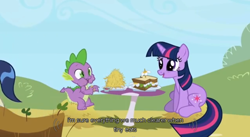 Size: 636x349 | Tagged: safe, derpibooru import, screencap, spike, twilight sparkle, dragon, the ticket master, hay fries, sandwich, youtube caption