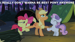 Size: 1024x576 | Tagged: safe, apple bloom, applejack, sweetie belle, earth pony, pony, best pony, caption