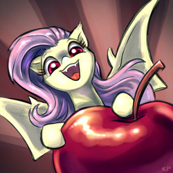 Size: 1600x1600 | Tagged: safe, artist:kp-shadowsquirrel, fluttershy, bat pony, pony, bats!, apple, cute, fangs, flutterbat, giant apple, race swap, shyabates, shyabetes, solo