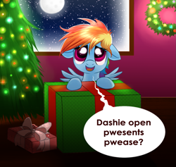 Size: 1035x982 | Tagged: safe, artist:confetticakez, derpibooru import, rainbow dash, pegasus, pony, baby talk, christmas, christmas tree, cute, dashabetes, filly, filly rainbow dash, floppy ears, hnnng, looking at you, night, present, solo, tree