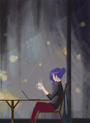 Size: 4400x6000 | Tagged: safe, artist:tao-mell, rarity, human, absurd resolution, computer, emo, humanized, laptop computer, rain, solo