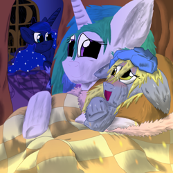 Size: 1024x1024 | Tagged: safe, artist:firefanatic, derpy hooves, princess celestia, princess luna, alicorn, pegasus, pony, bed, cuddling, female, fever, fluffy, ice pack, mare, snuggling