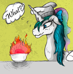 Size: 1461x1480 | Tagged: safe, artist:ancientowl, princess celestia, alicorn, pony, chef's hat, cooking, dork, floppy ears, hat, princess dorklestia, scrunchy face, solo, wat