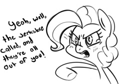 Size: 891x595 | Tagged: safe, artist:nohooves, pinkie pie, earth pony, pony, crying, dialogue, monochrome, seinfeld, sketch, solo