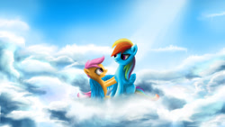 Size: 1920x1080 | Tagged: safe, artist:tttimon, derpibooru import, rainbow dash, scootaloo, pegasus, pony, cloud, cloudy, hug, scootalove, sky, smiling, winghug