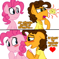 Size: 894x894 | Tagged: source needed, safe, artist:kev-darkhood, cheese sandwich, pinkie pie, earth pony, pony, blushing, cheese, cheesepie, cheesy sense, comic, cute, dialogue, eye contact, female, flirting, floppy ears, frown, glare, heart, hilarious in hindsight, holding hooves, lidded eyes, looking at each other, male, open mouth, shipping, smiling, straight, thinking