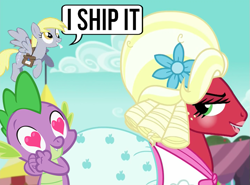 Size: 703x521 | Tagged: safe, big macintosh, derpy hooves, spike, dragon, earth pony, pony, brotherhooves social, crossdressing, i ship it, implied gay, mail, mailbag, mailmare, mailpony, male, orchard blossom, shipper on deck, shipping, spikentosh, stallion