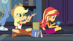 Size: 1426x802 | Tagged: safe, screencap, applejack, sci-twi, sunset shimmer, twilight sparkle, better together, equestria girls, the finals countdown, book, silly, tongue out, video game