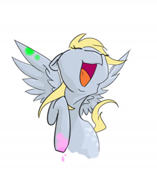 Size: 1408x1536 | Tagged: safe, artist:thederpychemist, derpy hooves, pegasus, pony, eyes closed, female, happy, mare, open mouth, paint, paint on feathers, paint on fur, simple background, solo, spread wings