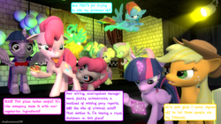 Size: 1366x768 | Tagged: safe, artist:andrewnuva199, derpibooru import, applejack, fluttershy, pinkie pie, rainbow dash, twilight sparkle, twilight sparkle (alicorn), alicorn, earth pony, pegasus, pony, 3d, female, five nights at freddy's, gmod, mare, reality ensues, the stare