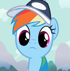 Size: 926x936 | Tagged: safe, derpibooru import, screencap, rainbow dash, pegasus, pony, may the best pet win, baseball cap, bust, cap, coach rainbow dash, cropped, female, hat, mare, portrait, solo