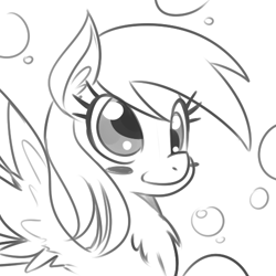 Size: 500x500 | Tagged: dead source, safe, artist:reiduran, derpy hooves, pegasus, pony, blushing, bubble, bust, chest fluff, grayscale, monochrome, simple background, smiling, solo, white background