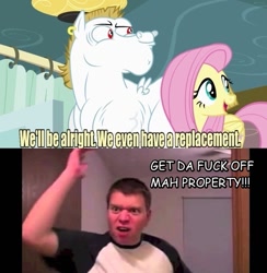 Size: 637x654 | Tagged: safe, bulk biceps, fluttershy, human, pegasus, pony, blonde, blonde mane, blonde tail, blue eyes, bores n doors, curtain, ear piercing, exploitable meme, female, image macro, irate gamer, looking to side, looking to the right, male, mare, meme, open mouth, piercing, pink mane, pink tail, red eyes, replacement meme, smiling, spread wings, stallion, text, vulgar, white coat, wings, yellow coat