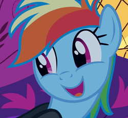 Size: 1140x1050 | Tagged: safe, derpibooru import, screencap, rainbow dash, pegasus, pony, read it and weep, bust, catsuit, cropped, cute, dashabetes, female, mare, open mouth, smiling, solo