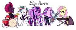 Size: 2048x800 | Tagged: safe, artist:seishinann, fluttershy, rarity, starlight glimmer, tempest shadow, twilight sparkle, twilight sparkle (alicorn), alicorn, pegasus, pony, unicorn, it isn't the mane thing about you, alternate hairstyle, broken horn, chibi, clothes, drums, fluttergoth, guitar, guitarity, keyboard, magic, microphone, punk, punklight sparkle, raripunk, simple background, socks, striped socks, telekinesis, transparent background