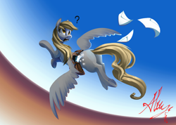 Size: 4000x2840 | Tagged: safe, artist:alumx, derpy hooves, pegasus, pony, female, flying, letter, looking back, mail, mare, question mark, saddle bag, solo