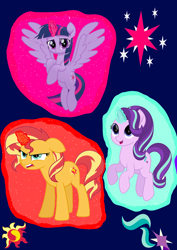 Size: 1000x1414 | Tagged: safe, artist:katya, starlight glimmer, sunset shimmer, twilight sparkle, twilight sparkle (alicorn), alicorn, pony, unicorn, cutie mark, female, flying, frown, magic, mare, movie accurate, open mouth, smiling, standing