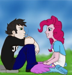 Size: 1024x1068 | Tagged: safe, artist:kevinjorg, pinkie pie, human, equestria girls, cigarette, crossover, crossover shipping, dan, dan pie, dan vs, female, humanized, male, shipping, smoking, straight