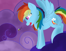 Size: 3300x2550 | Tagged: safe, artist:skyflys, derpibooru import, rainbow dash, bee, pegasus, pony, ^w^, cloud, cute, dashabetes, female, mare, scared, solo, spread wings, wings