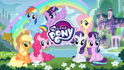 Size: 1280x720 | Tagged: safe, applejack, fluttershy, pinkie pie, rainbow dash, rarity, starlight glimmer, twilight sparkle, twilight sparkle (alicorn), alicorn, earth pony, pegasus, pony, unicorn, book, gameloft, logo, mane six, new crown, school of friendship