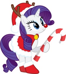 Size: 991x1104 | Tagged: safe, artist:bluse, rarity, pony, reindeer, unicorn, antlers, candy cane, christmas, clothes, female, hat, holiday, red nose, rudolph the red nosed reindeer, santa costume, santa hat, show accurate, simple background, solo, white background