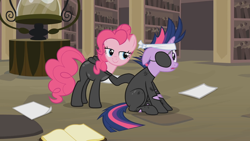 Size: 1280x720 | Tagged: safe, derpibooru import, screencap, pinkie pie, twilight sparkle, earth pony, pony, it's about time, catsuit, future twilight, lidded eyes, out of context