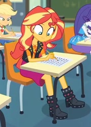 Size: 425x594 | Tagged: safe, screencap, applejack, rarity, sunset shimmer, better together, equestria girls, the finals countdown, cropped, desk, pencil, sitting, solo focus