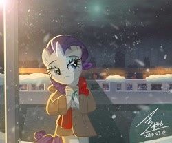 Size: 1300x1074 | Tagged: safe, artist:bluse, rarity, pony, unicorn, beautiful, bipedal, clothes, cute, female, show accurate, snow, snowfall, solo, starbucks, winter