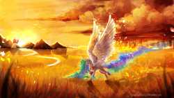 Size: 3000x1687 | Tagged: safe, artist:aquagalaxy, princess celestia, alicorn, pony, cloud, cloudy, commission, field, grass, running, scenery, solo, spread wings, sunset