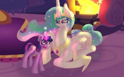 Size: 1280x800 | Tagged: safe, artist:darkestsunset, princess celestia, twilight sparkle, alicorn, pony, magic, prone