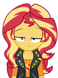 Size: 2546x3431 | Tagged: safe, artist:keronianniroro, sunset shimmer, better together, equestria girls, clothes, female, jacket, lidded eyes, looking at you, simple background, solo, sunset shimmer is not amused, transparent background, unamused, vector