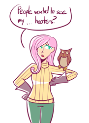 Size: 725x1000 | Tagged: safe, artist:php52, fluttershy, bird, human, owl, animal, breasts, clothes, delicious flat chest, drawfag, flattershy, gloves, humanized, no rule 34 here, pun, request, ribbed sweater, visual pun