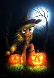 Size: 750x1074 | Tagged: safe, artist:magfen, applejack, earth pony, pony, undead, vampire, vampony, clothes, costume, fangs, halloween, hat, jack-o-lantern, moon, night, nightmare night, pumpkin, solk, solo, traditional art, tree, witch hat