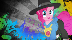 Size: 2560x1440 | Tagged: safe, artist:darkfear-10, pinkie pie, earth pony, pony, testing testing 1-2-3, graffiti, rap, rapper pie, solo, urban, wallpaper