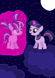 Size: 1000x1414 | Tagged: safe, artist:katya, starlight glimmer, twilight sparkle, unicorn twilight, pony, unicorn, female, filly, filly starlight glimmer, filly twilight sparkle, full moon, glowing horn, magic, moon, telekinesis, younger