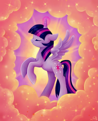 Size: 1171x1456 | Tagged: safe, artist:trefleix, derpibooru import, twilight sparkle, twilight sparkle (alicorn), alicorn, pony, ascension, female, mare, smoke, solo, sparkles