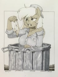 Size: 960x1280 | Tagged: safe, artist:kevinsano, derpy hooves, anthro, banana peel, breasts, cleavage, derpy loaves, female, inktober, monochrome, solo, traditional art, trash can