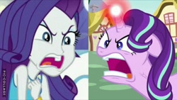 Size: 1024x576 | Tagged: safe, rarity, starlight glimmer, all bottled up, better together, equestria girls, rollercoaster of friendship, angry, comparison, female, house, image macro, magic, mare, meme, open mouth, ragelight glimmer, reeee