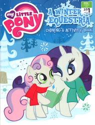 Size: 975x1280 | Tagged: safe, rarity, sweetie belle, pony, unicorn, activity book, caroling, merchandise, scarves, sisters, snow, snowfall, snowflake, winter