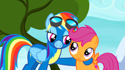 Size: 1920x1080 | Tagged: safe, derpibooru import, screencap, rainbow dash, scootaloo, pegasus, pony, newbie dash, bedroom eyes, clothes, goggles, hoof on shoulder, i need an adult, lidded eyes, out of context, uniform, wonderbolts uniform