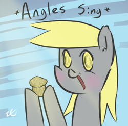 Size: 526x519 | Tagged: safe, artist:liracrown, derpy hooves, angel, pegasus, pony, cute, derpabetes, female, happy, mare, misspelling, muffin, smiling, solo, that pony sure does love muffins