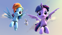 Size: 1920x1080 | Tagged: safe, artist:akylie, artist:vinylscratchcooler, derpy hooves, rainbow dash, twilight sparkle, twilight sparkle (alicorn), alicorn, pegasus, pony, 3d, coming at you, cute, dashabetes, derpabetes, female, flying, looking at you, mare, source filmmaker, trio, twiabetes, upside down