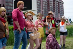 Size: 4272x2848 | Tagged: artist needed, safe, applejack, big macintosh, human, anime north, anime north 2012, basket, cosplay, group photo, irl, irl human, overalls, photo