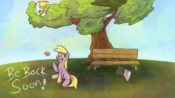 Size: 1280x720 | Tagged: safe, artist:liracrown, derpy hooves, rainbow dash, pegasus, pony, bench, computer, distraction, female, fishing, fishing rod, hiding, laptop computer, mare, muffin, sitting, tree