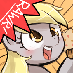 Size: 750x750 | Tagged: safe, artist:lumineko, part of a set, derpy hooves, pegasus, pony, avatar, cute, derpabetes, dialogue, female, i just don't know what went wrong, mare, muffin, open mouth, rawr, rawrvatar, solo, speech bubble, upside down