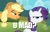 Size: 388x248 | Tagged: safe, edit, edited screencap, screencap, applejack, rarity, earth pony, pony, unicorn, the return of harmony, appletroll, caption, duo, hub logo, hubble, image macro, meme, rarity is not amused, smugjack, the hub, trollface, u mad