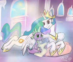 Size: 1024x878 | Tagged: safe, artist:rflzqt, princess celestia, spike, alicorn, dragon, pony, duo, female, male, wings