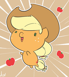 Size: 500x555 | Tagged: safe, artist:atryl, applejack, earth pony, pony, chibi, cute, hat, jumping, solo